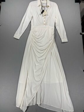 Modesees Elegant White Long-Sleeve Ruched Maxi Dress S